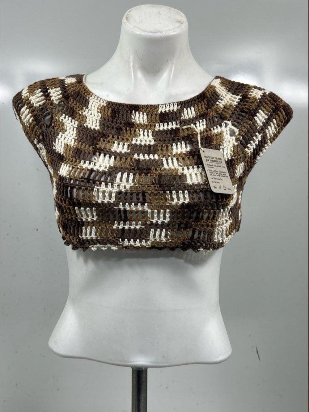 Crochet Crop Top - Brown & Cream Knit Women's Top